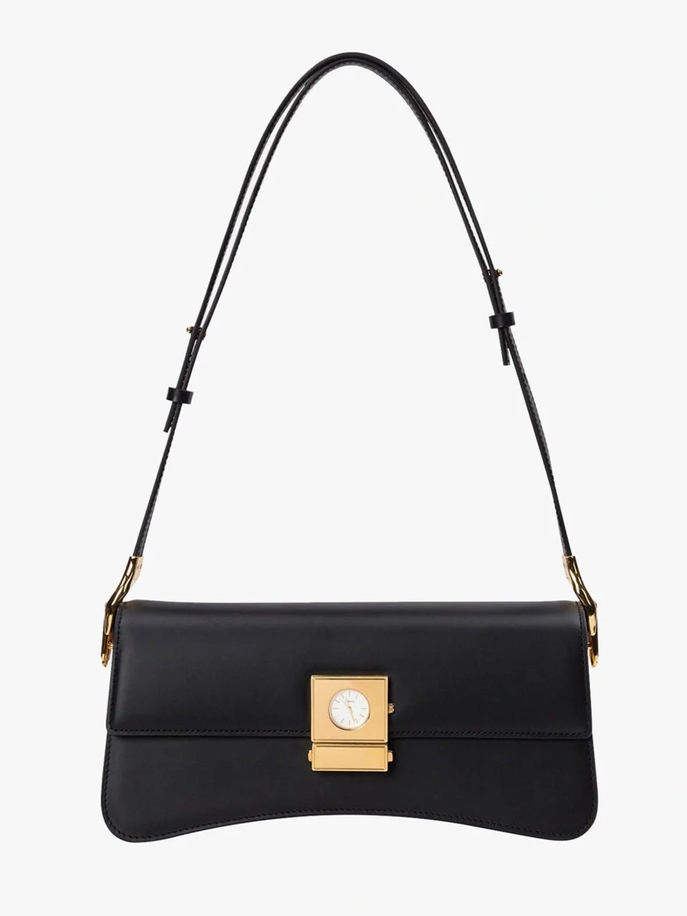 Sleek Black Shoulder Bag with Gold Clock Accent